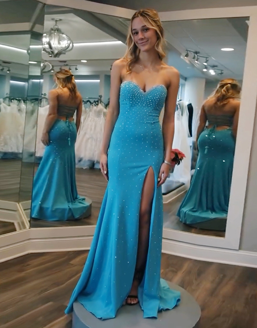 Sparkly Blue Mermaid Strapless Beaded Long Prom Dress with Slit