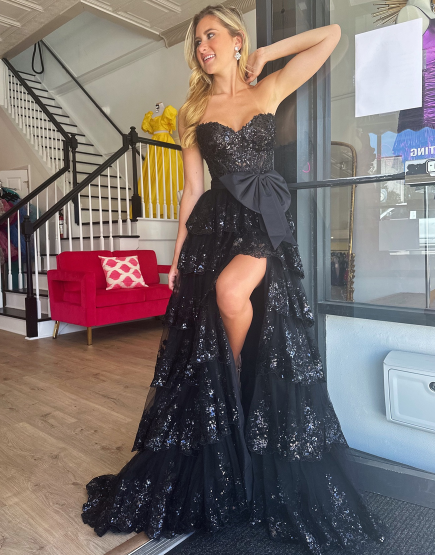 Sparkly Black A-Line Strapless Tiered Bow Corset Long Prom Dress with Slit