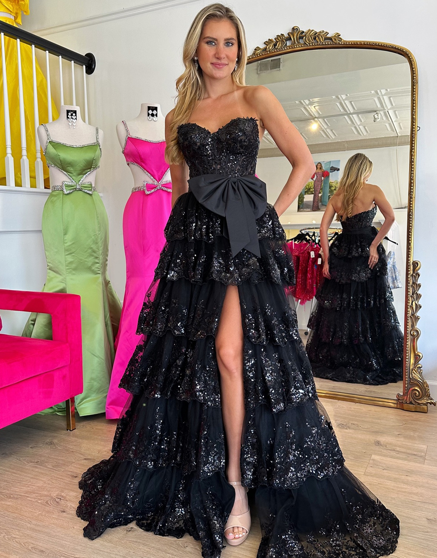Sparkly Black A-Line Strapless Tiered Bow Corset Long Prom Dress with Slit
