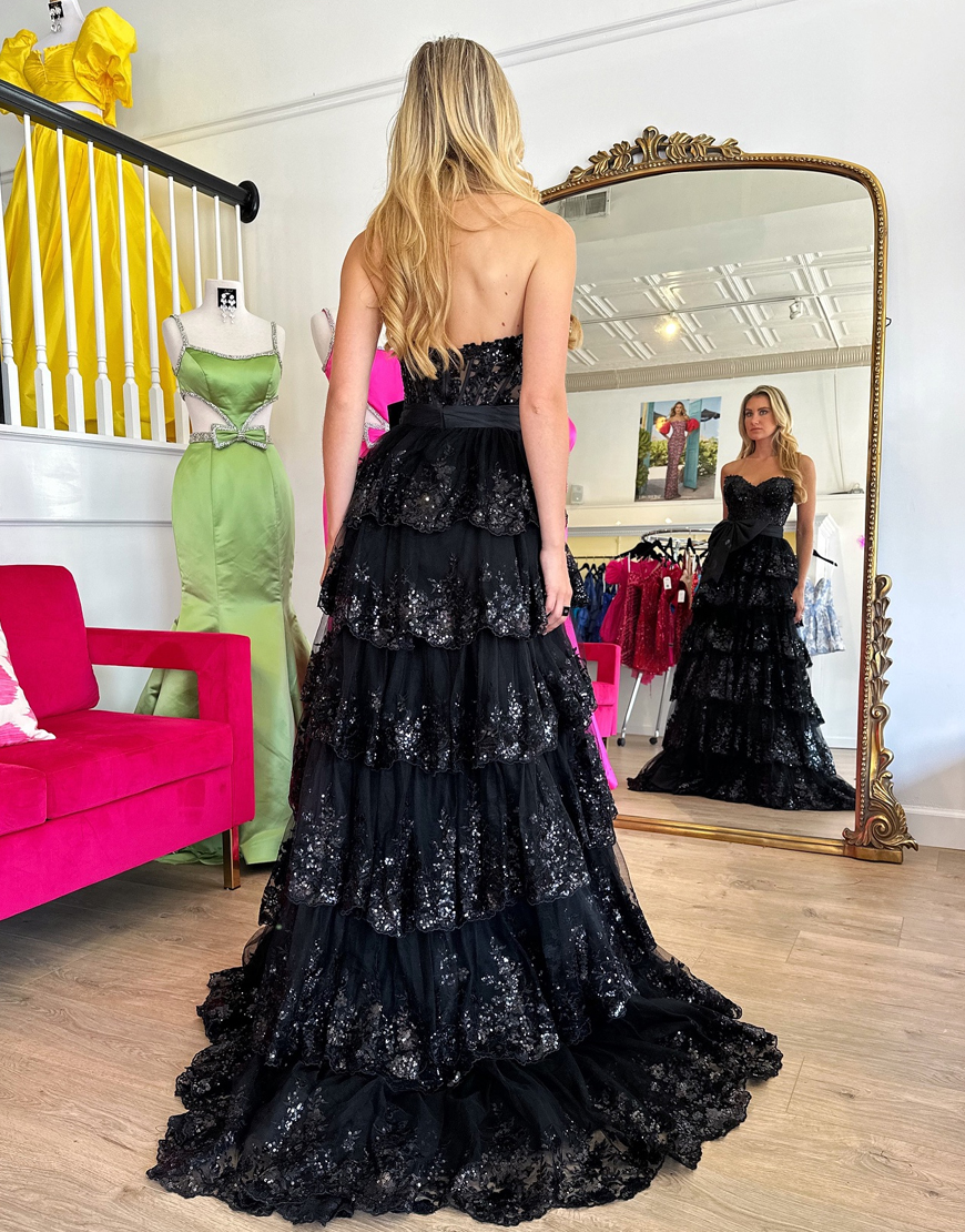 Sparkly Black A-Line Strapless Tiered Bow Corset Long Prom Dress with Slit
