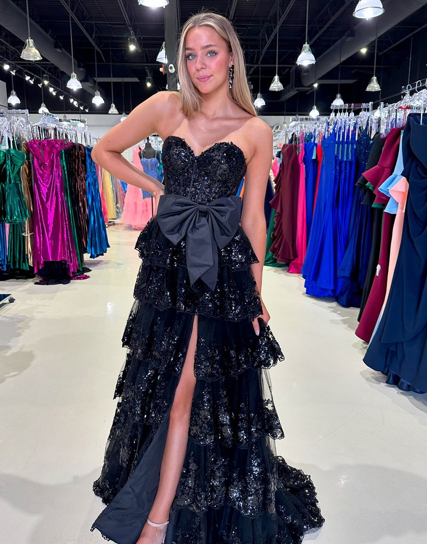 Sparkly Black A-Line Strapless Tiered Bowknot Corset Long Prom Dress with Slit