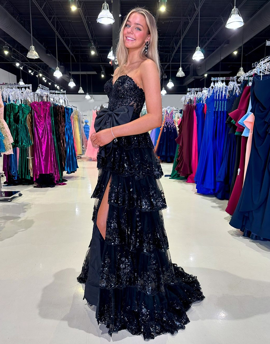 Sparkly Black A-Line Strapless Tiered Bowknot Corset Long Prom Dress with Slit
