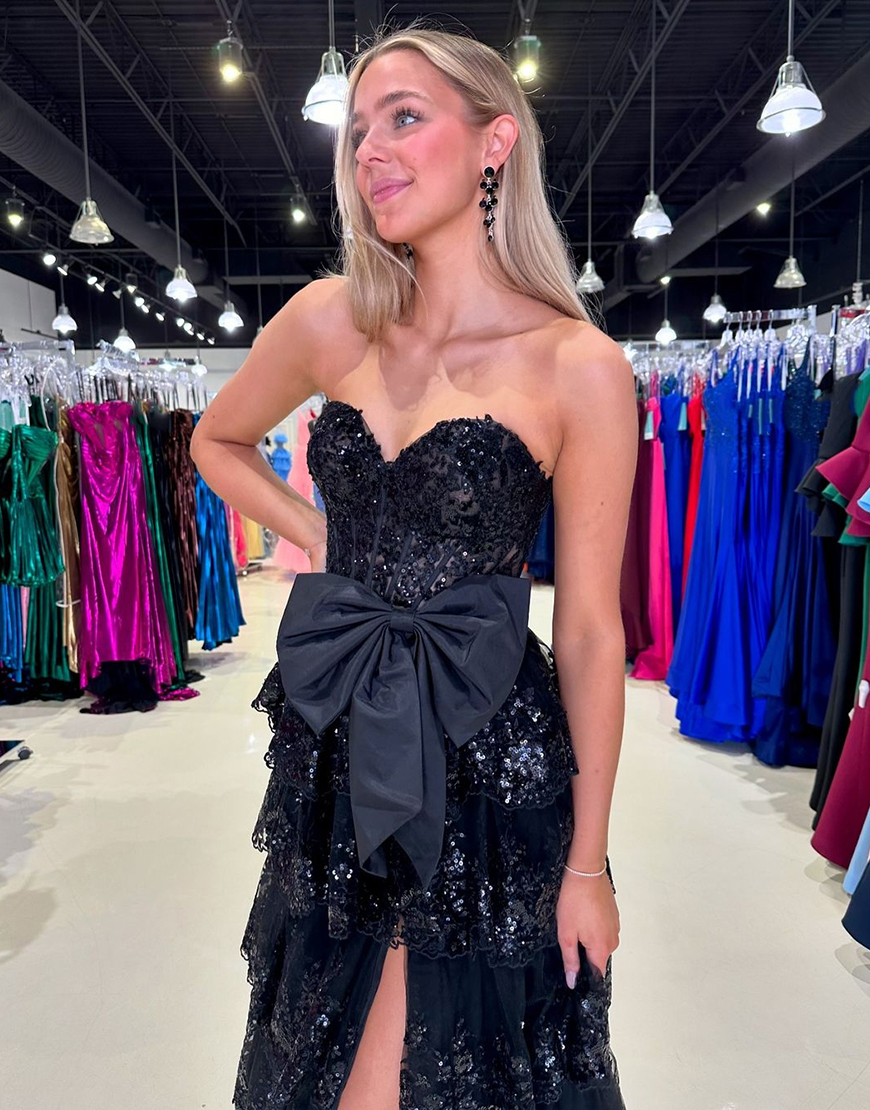 Sparkly Black A-Line Strapless Tiered Bowknot Corset Long Prom Dress with Slit