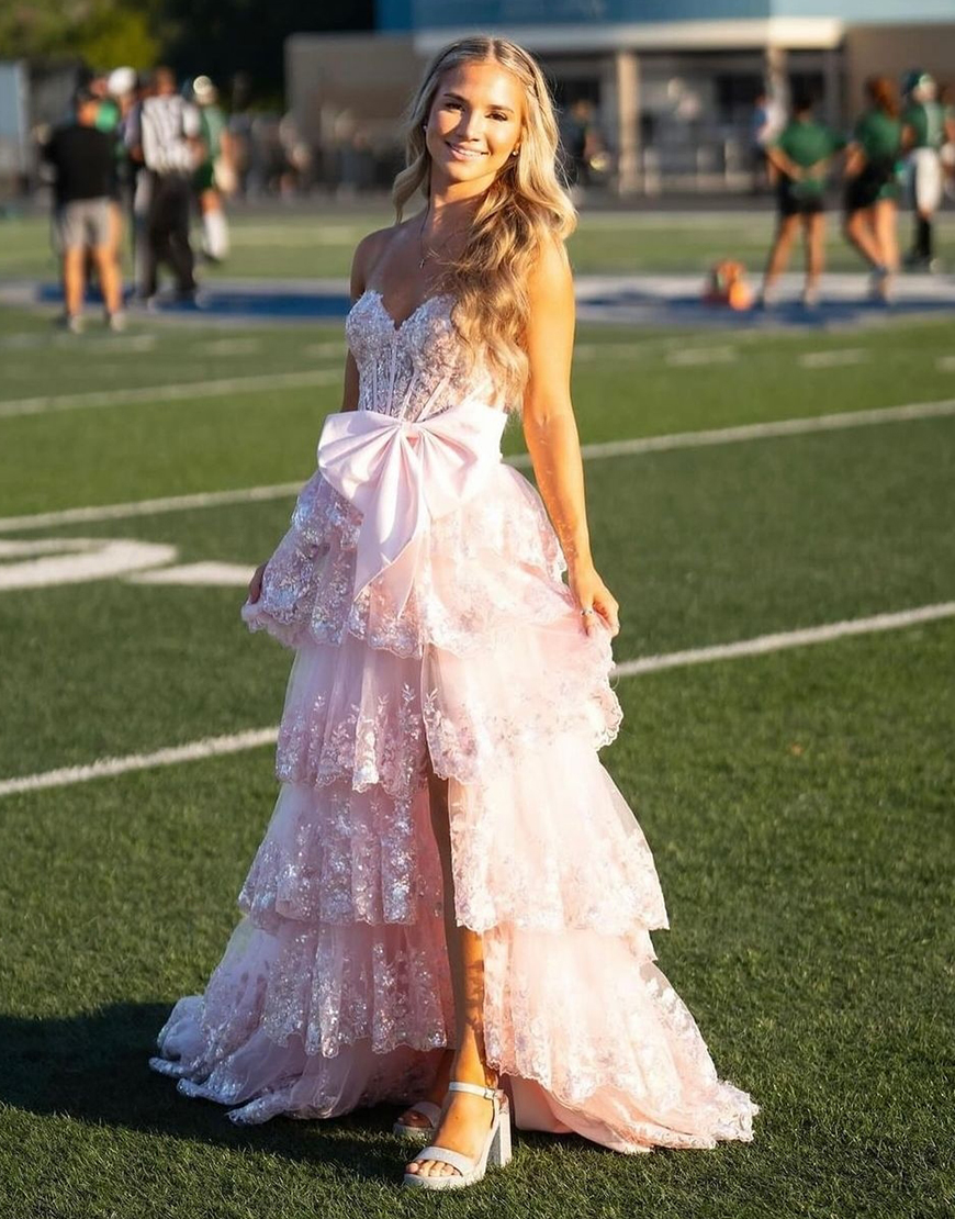 Sparkly Black A-Line Strapless Tiered Bowknot Corset Long Prom Dress with Slit