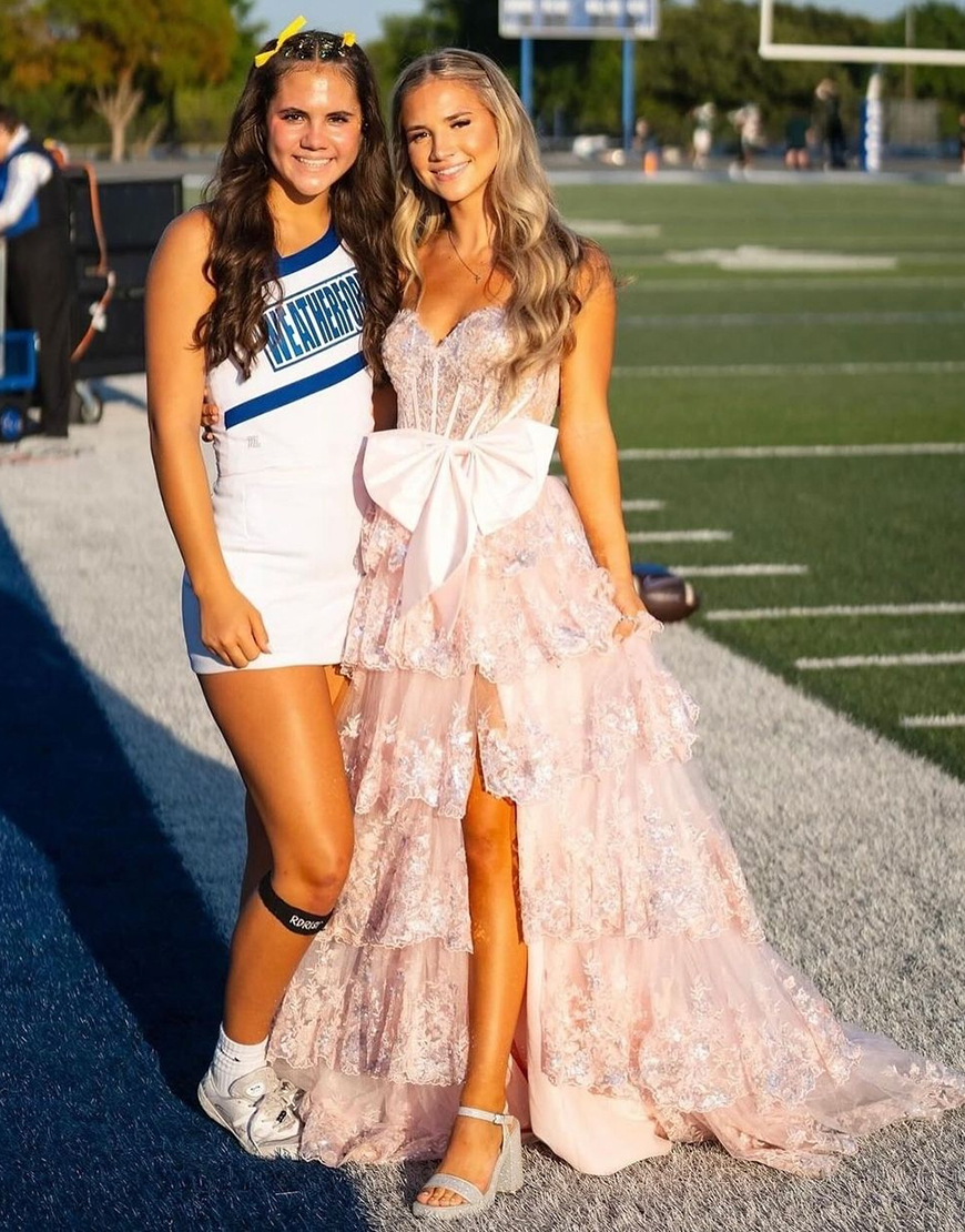 Sparkly Black A-Line Strapless Tiered Bowknot Corset Long Prom Dress with Slit