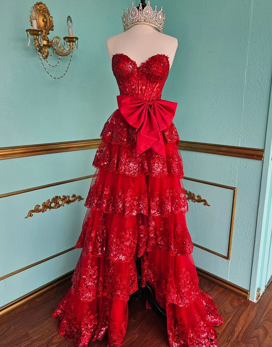 Sparkly Black A-Line Strapless Tiered Bowknot Corset Long Prom Dress with Slit