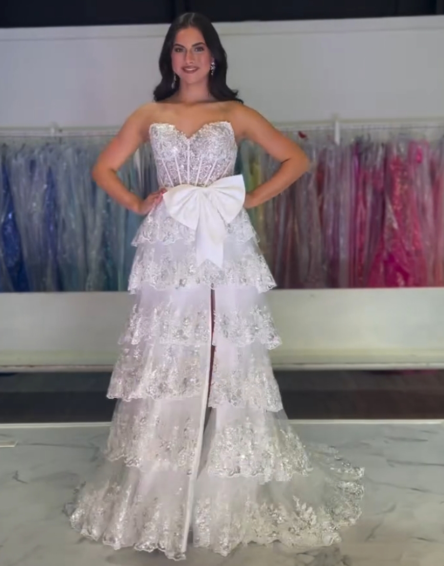 Sparkly Black A-Line Strapless Tiered Bowknot Corset Long Prom Dress with Slit