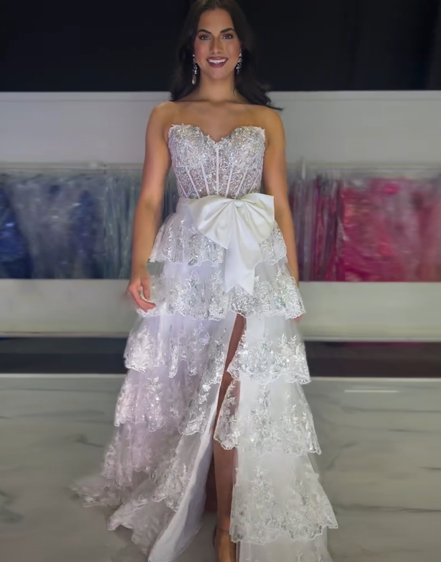 Sparkly Black A-Line Strapless Tiered Bowknot Corset Long Prom Dress with Slit