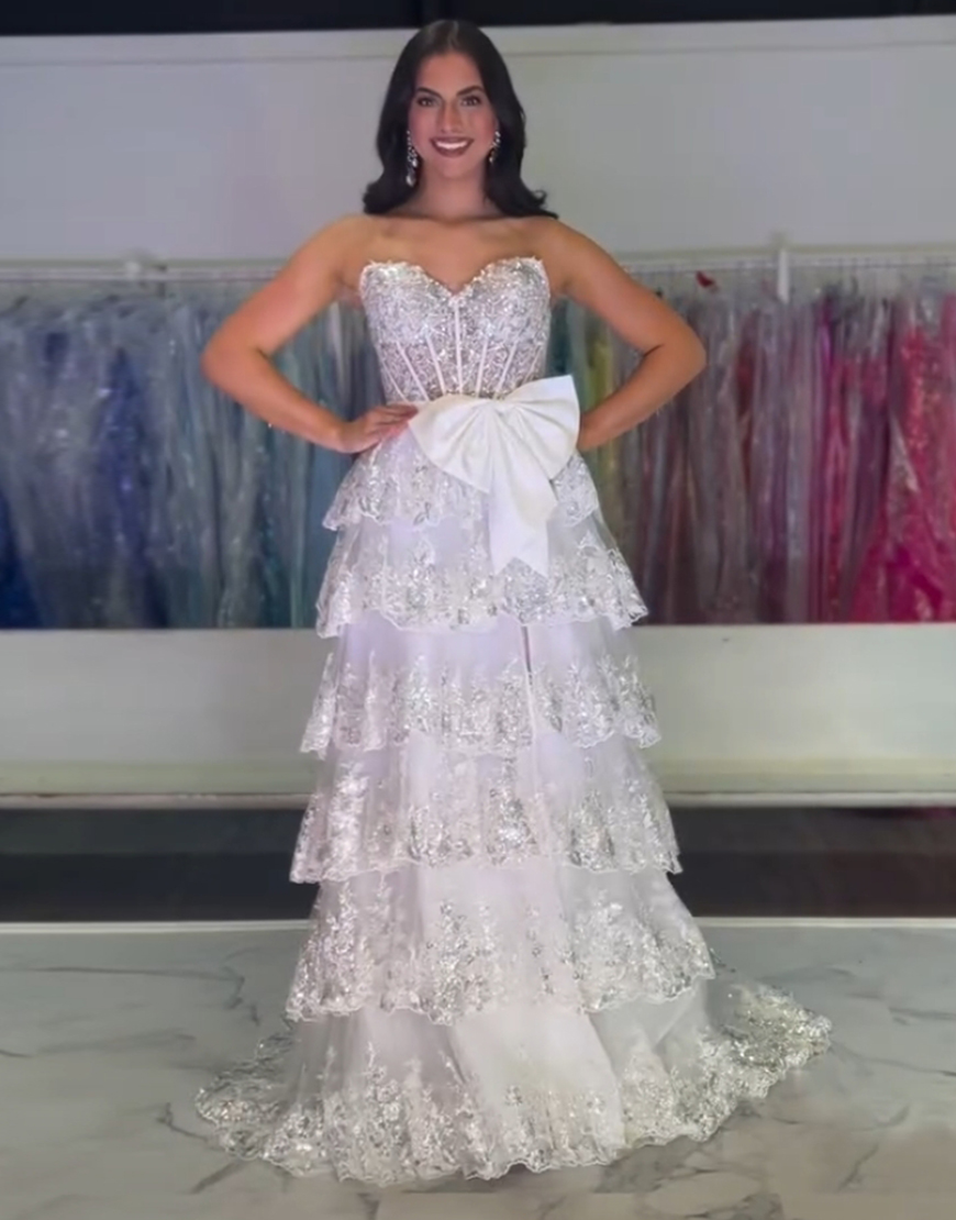 Sparkly Black A-Line Strapless Tiered Bowknot Corset Long Prom Dress with Slit