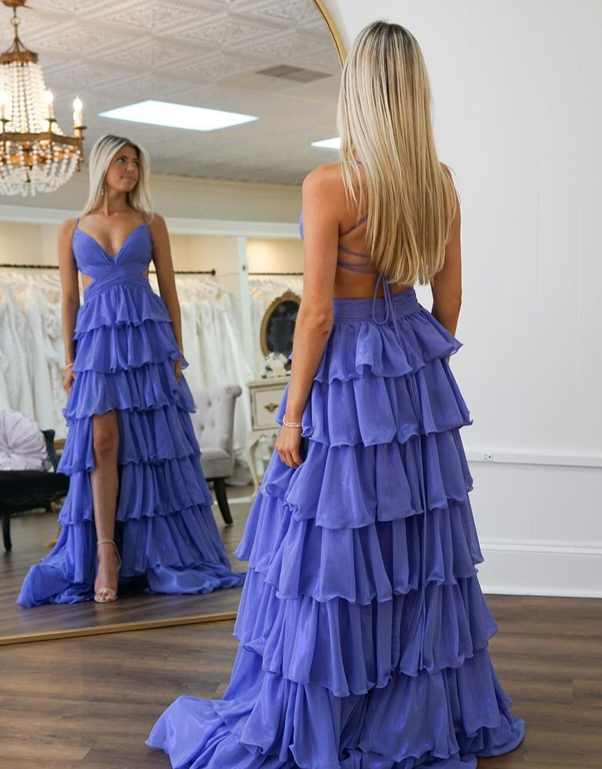 Purple A-Line Spaghetti Straps Tiered Long Prom Dress with Slit