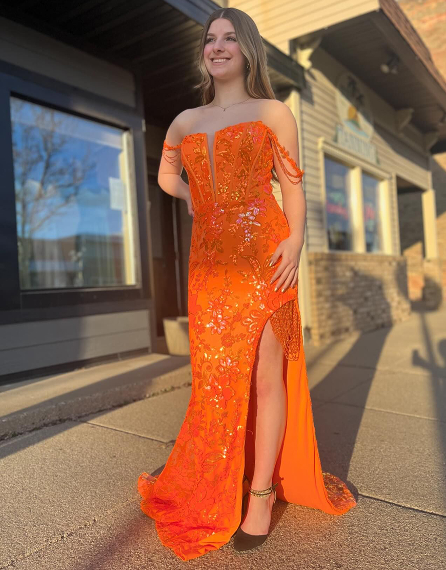 Sparkly Orange Mermaid Off the Shoulder Sequined Embroidery Corset Tassels Long Prom Dress with Slit