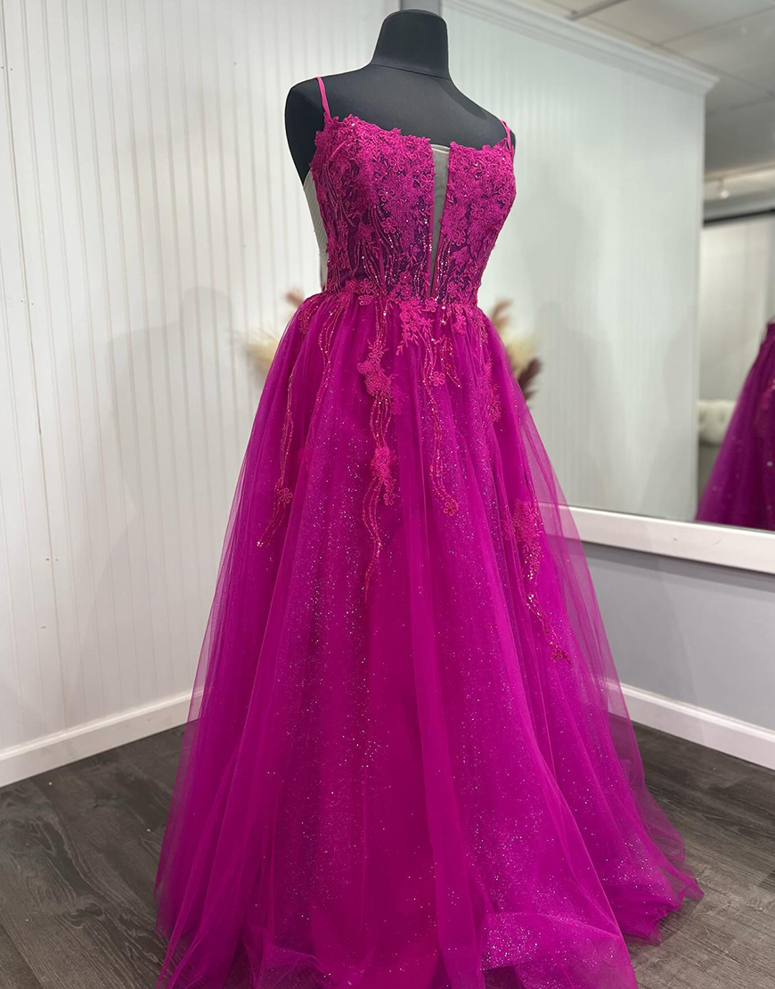 Sparkly Fuchsia A-Line Corset Spaghetti Straps Long Prom Dress with Appliques