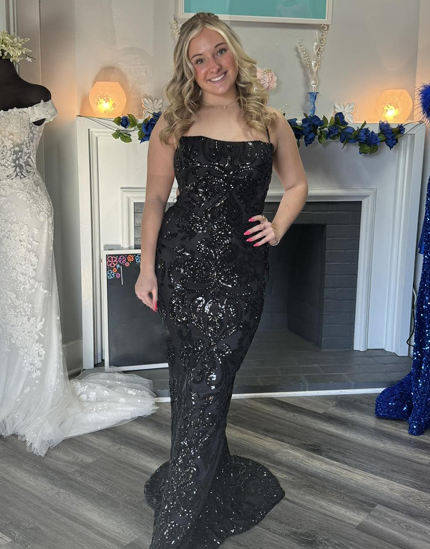 Sparkly Black Mermaid Spaghetti Straps Sequined Long Prom Dress