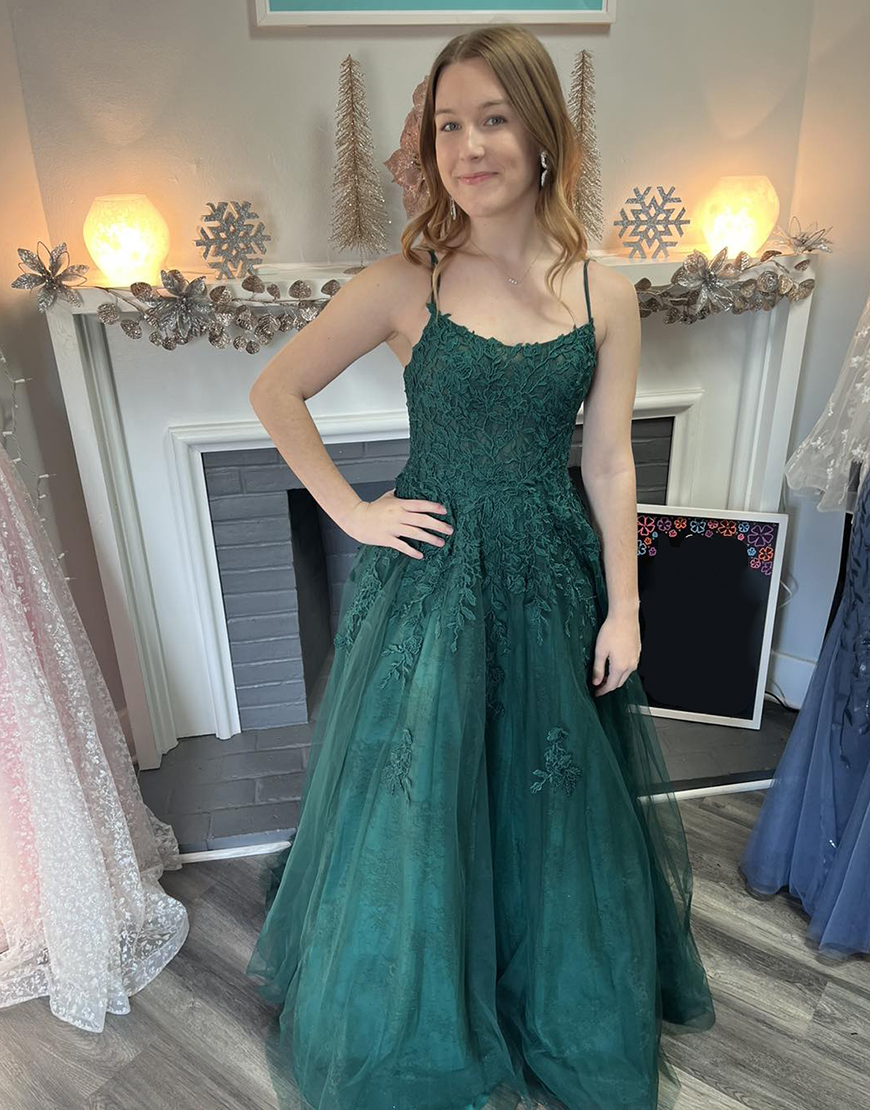 Dark Green A-Line Spaghetti Straps Tulle Long Prom Dress with Appliques