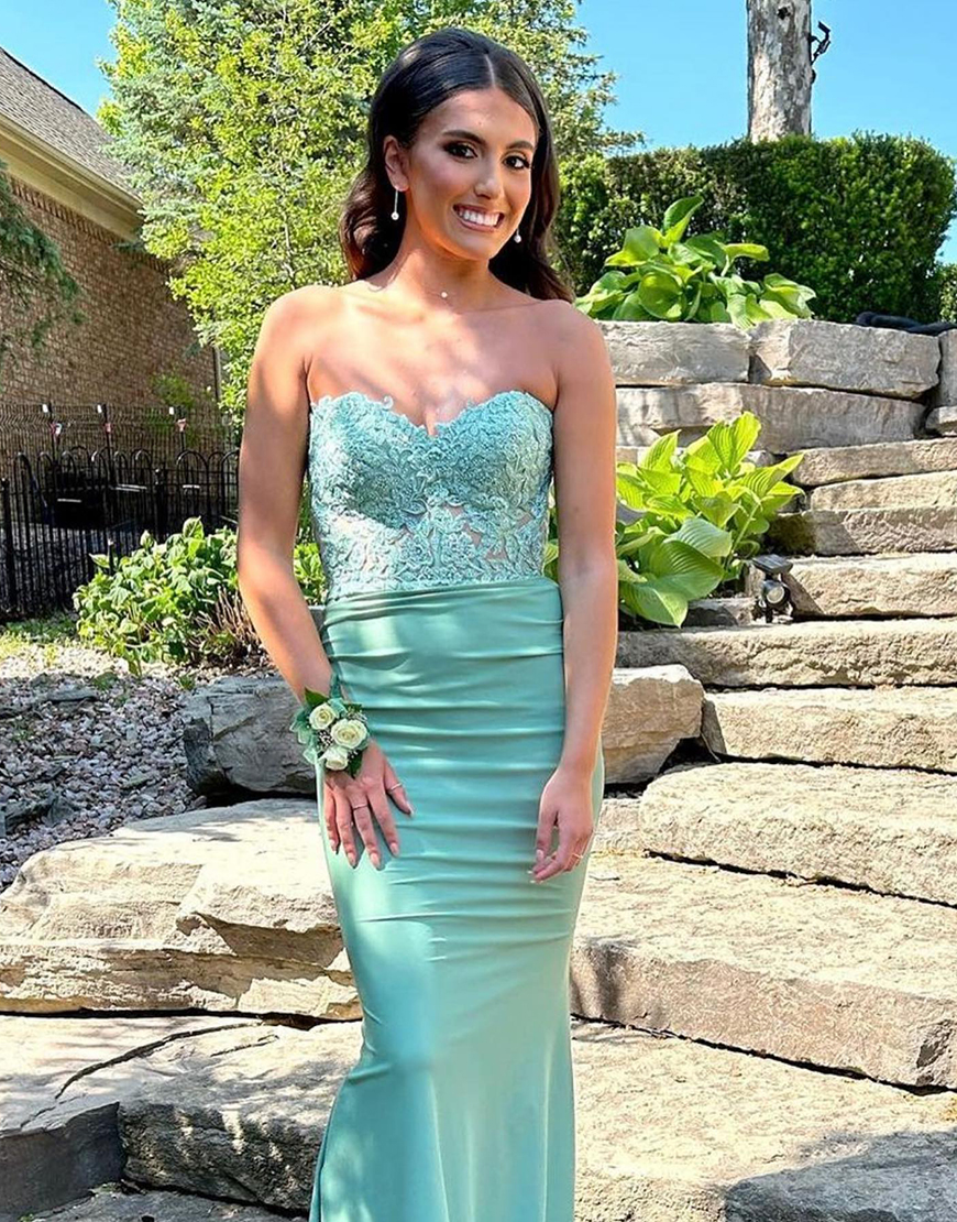 Sparkly Mint Mermaid Strapless Corset Long Prom Dress with Appliques