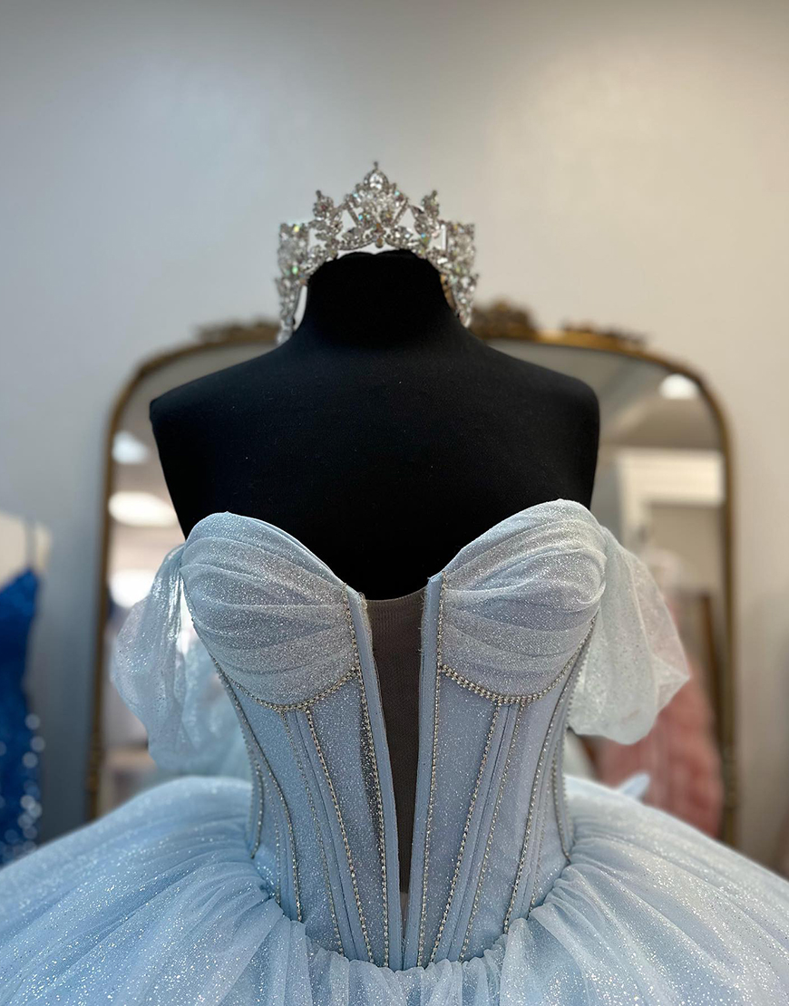 Sparkly Light Blue A-Line Beaded Corset Off the Shoulder Long Prom Dress