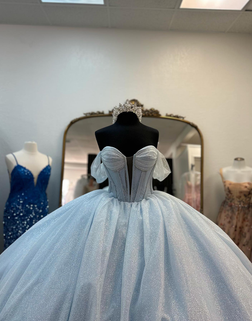 Sparkly Light Blue A-Line Beaded Corset Off the Shoulder Long Prom Dress