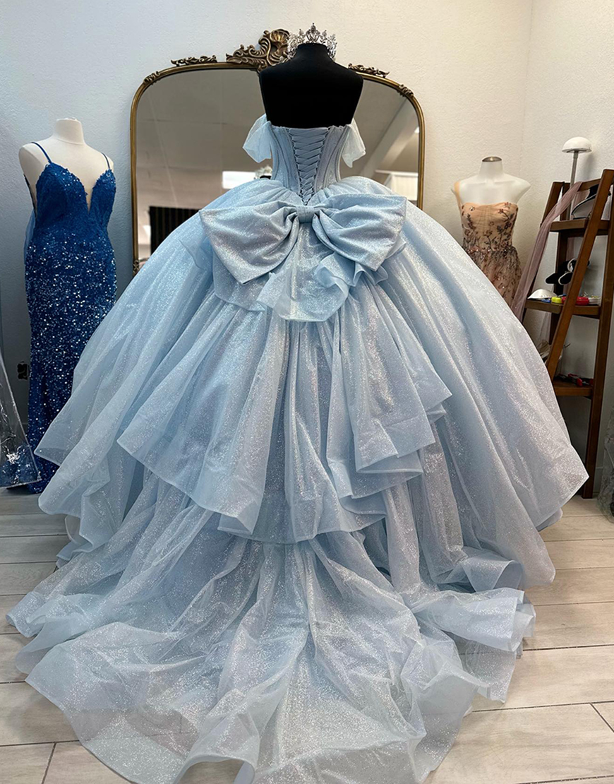 Sparkly Light Blue A-Line Beaded Corset Off the Shoulder Long Prom Dress