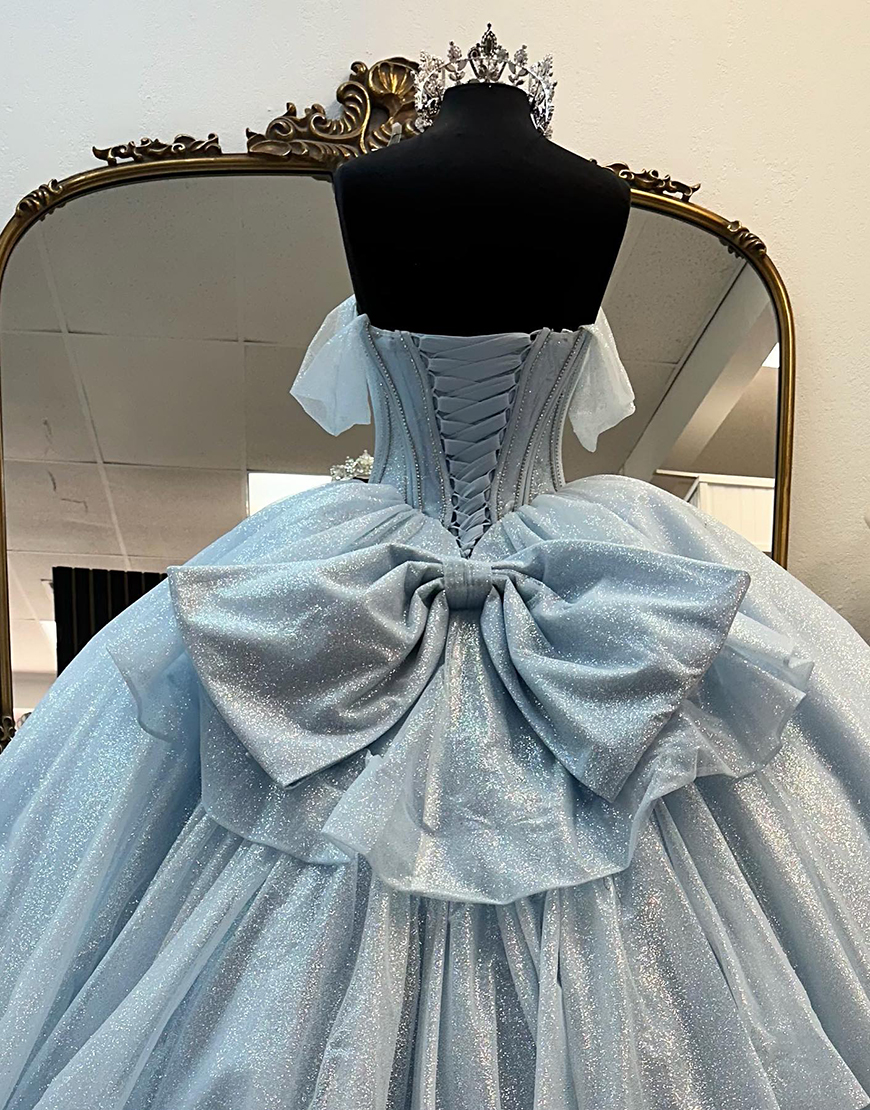 Sparkly Light Blue A-Line Beaded Corset Off the Shoulder Long Prom Dress