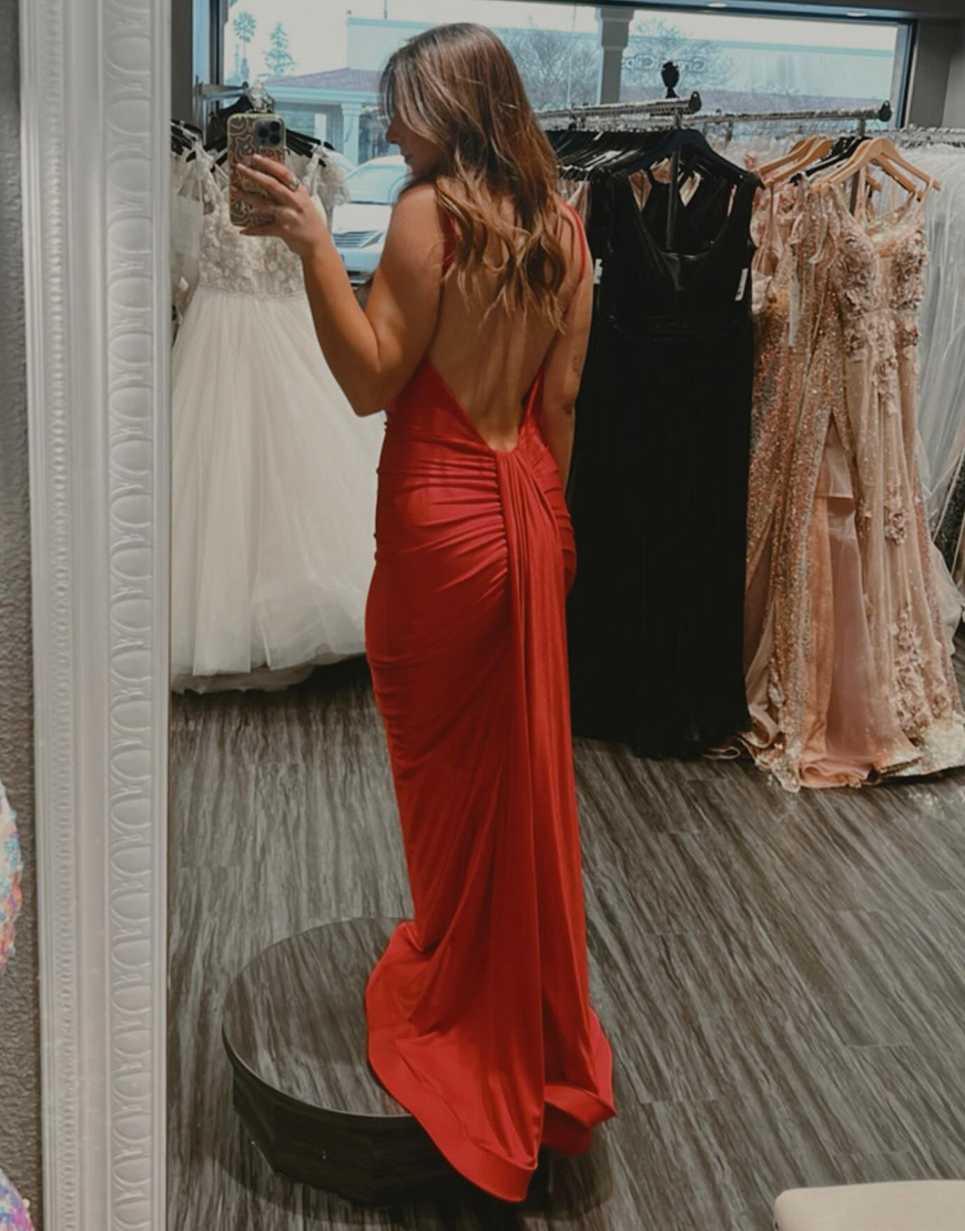 Sparkly Red Mermaid Open Back Spaghetti Straps Long Prom Dress