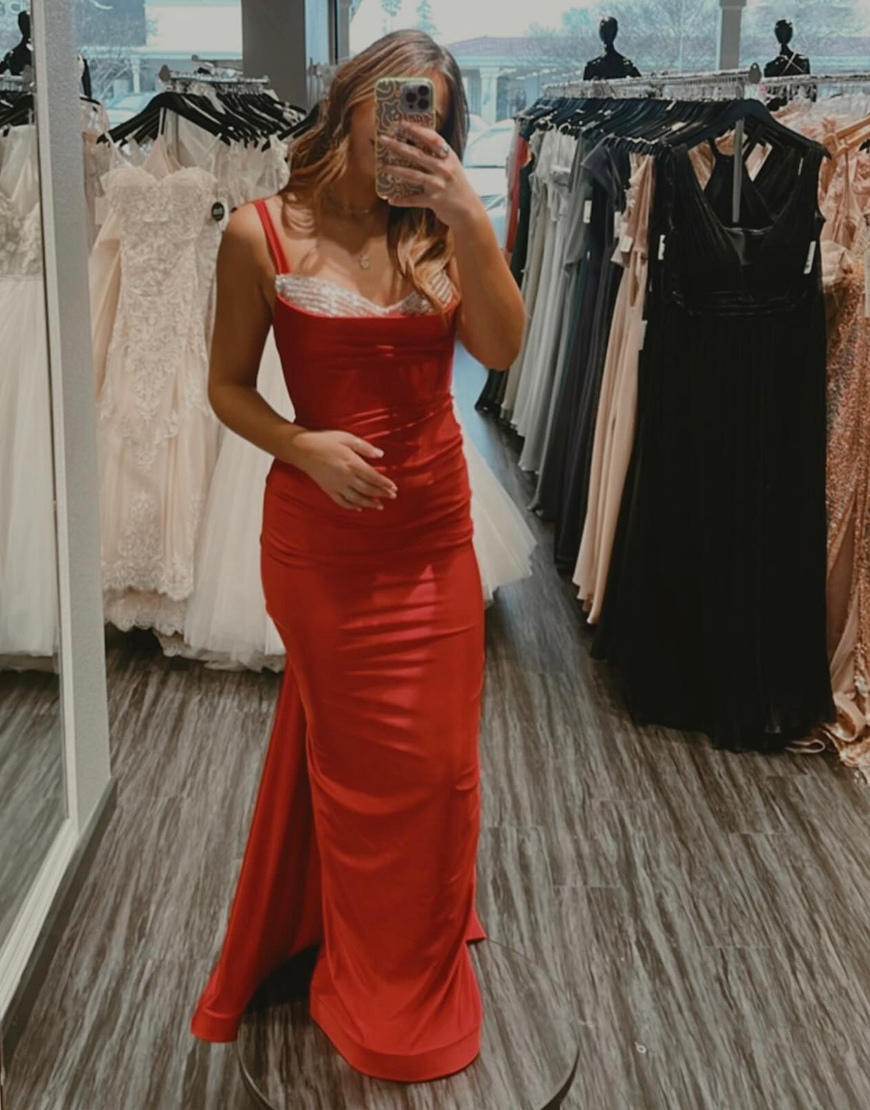 Sparkly Red Mermaid Open Back Spaghetti Straps Long Prom Dress