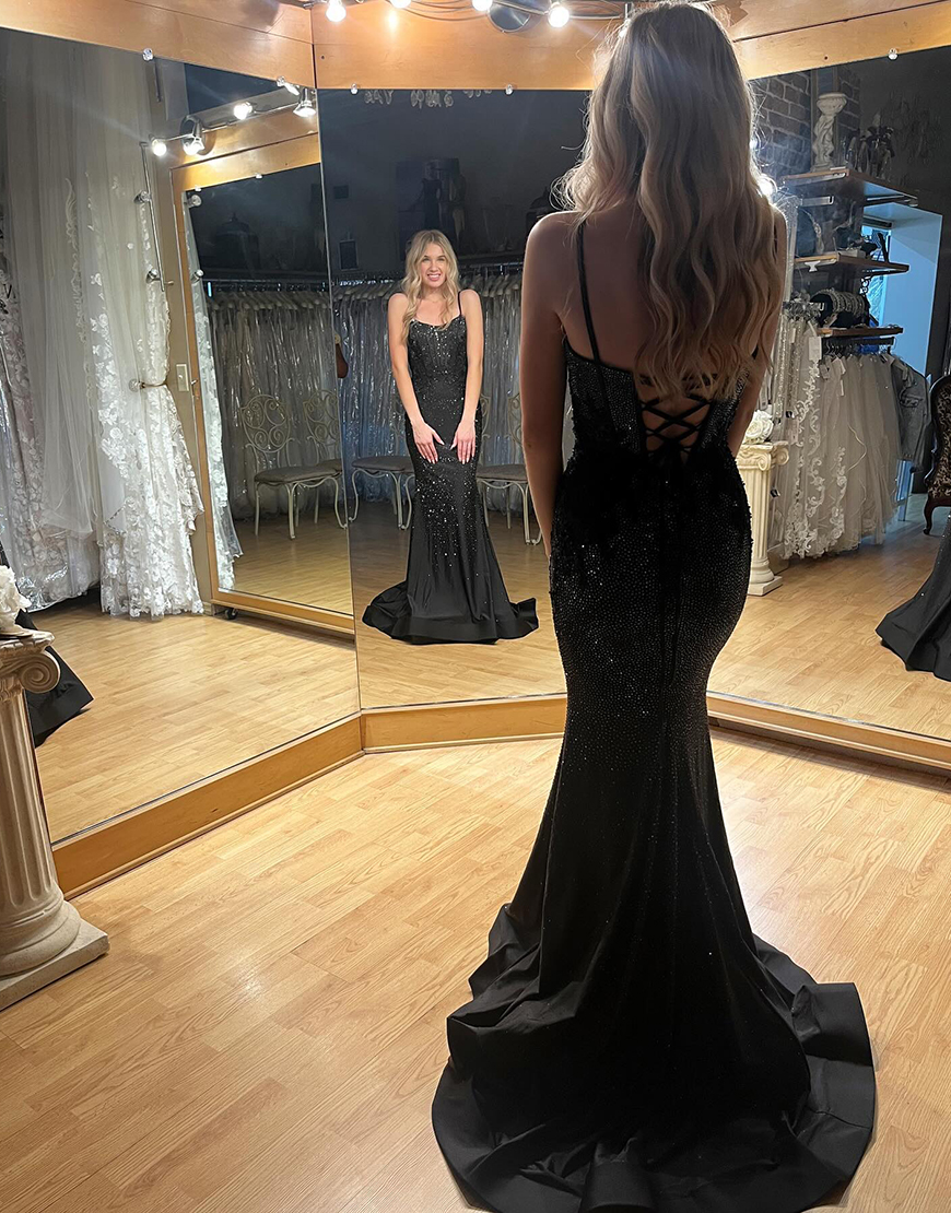 Sparkly Black Mermaid Beaded Spaghetti Straps Corset Long Prom Dress