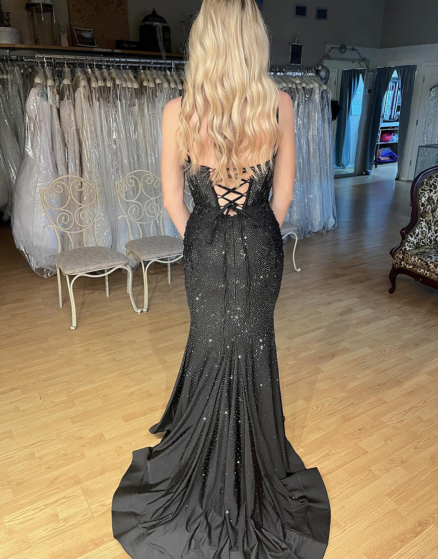 Sparkly Black Mermaid Beaded Spaghetti Straps Corset Long Prom Dress