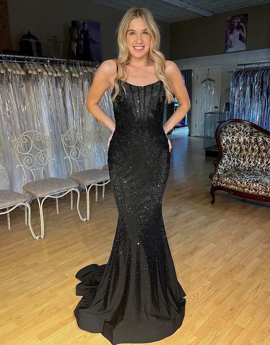 Sparkly Black Mermaid Beaded Spaghetti Straps Corset Long Prom Dress