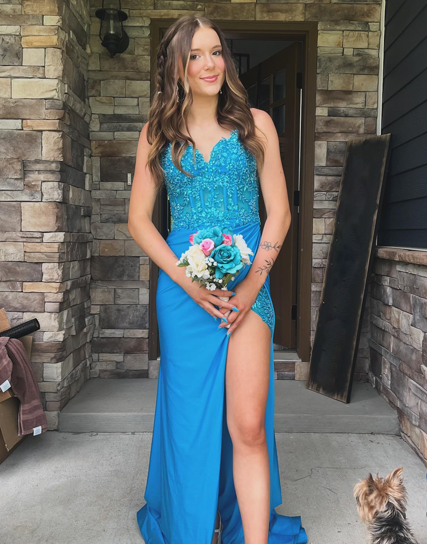 Sparkly Turquoise Mermaid Spaghetti Straps Appliques Long Prom Dress with Slit