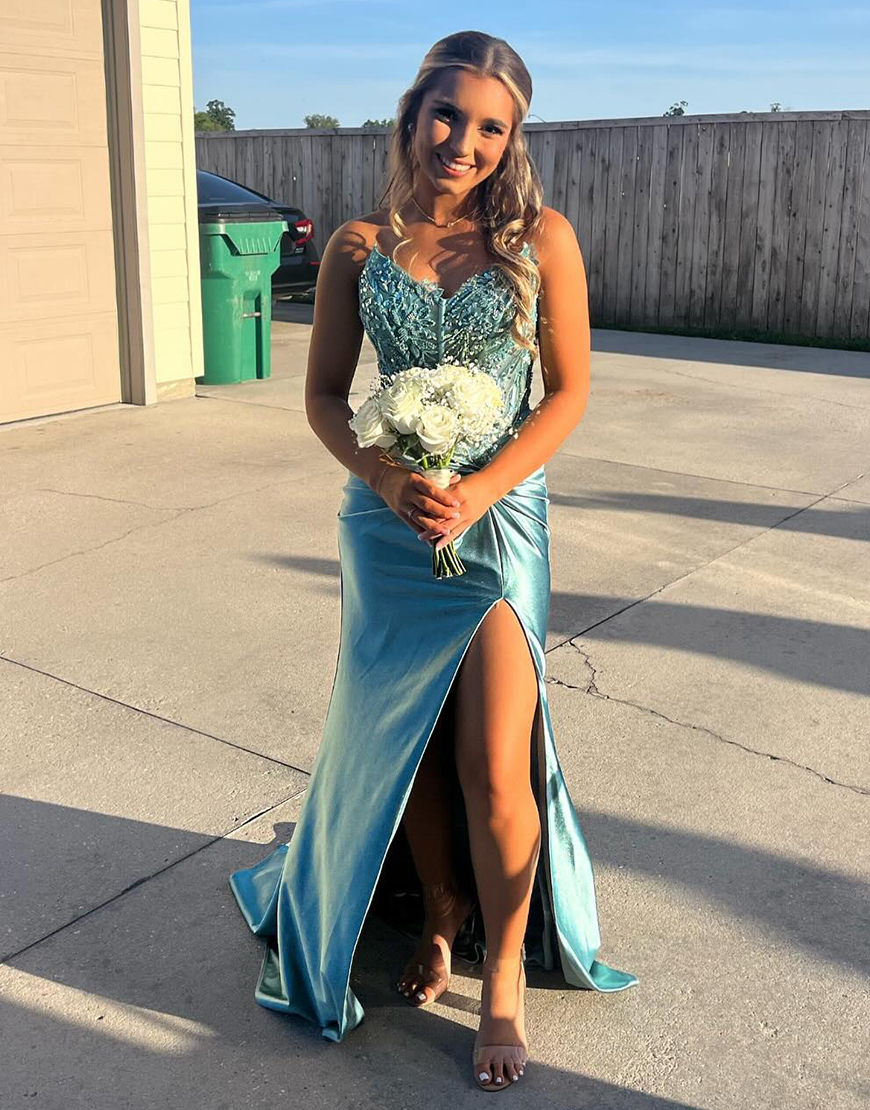 Sparkly Blue Mermaid Spaghetti Straps Corset Appliques Long Prom Dress with Slit