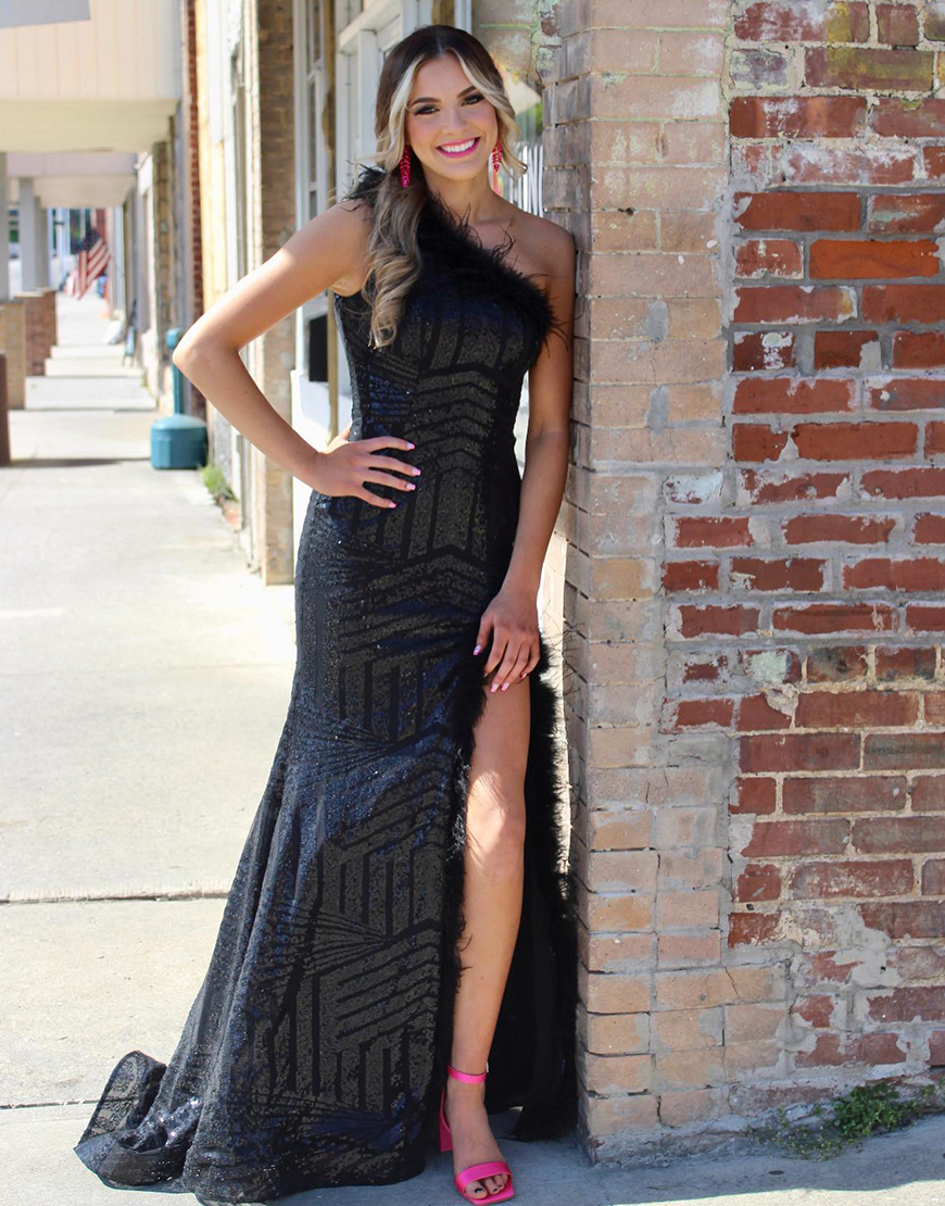 Sparkly Black Mermaid Sequins Feathered One Shoulder Long Prom Dress with Slit