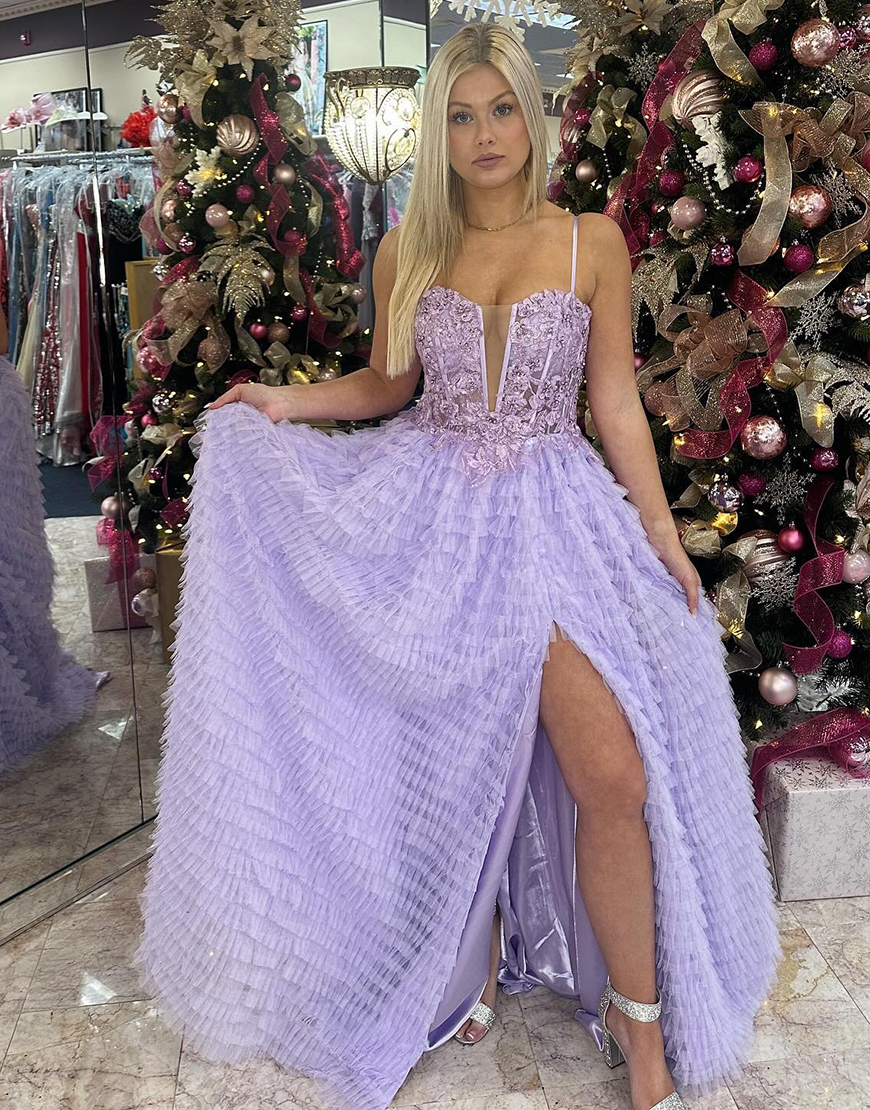 Sparkly Lilac A-Line Spaghetti Straps Corset Flowers Tiered Long Prom Dress with Slit