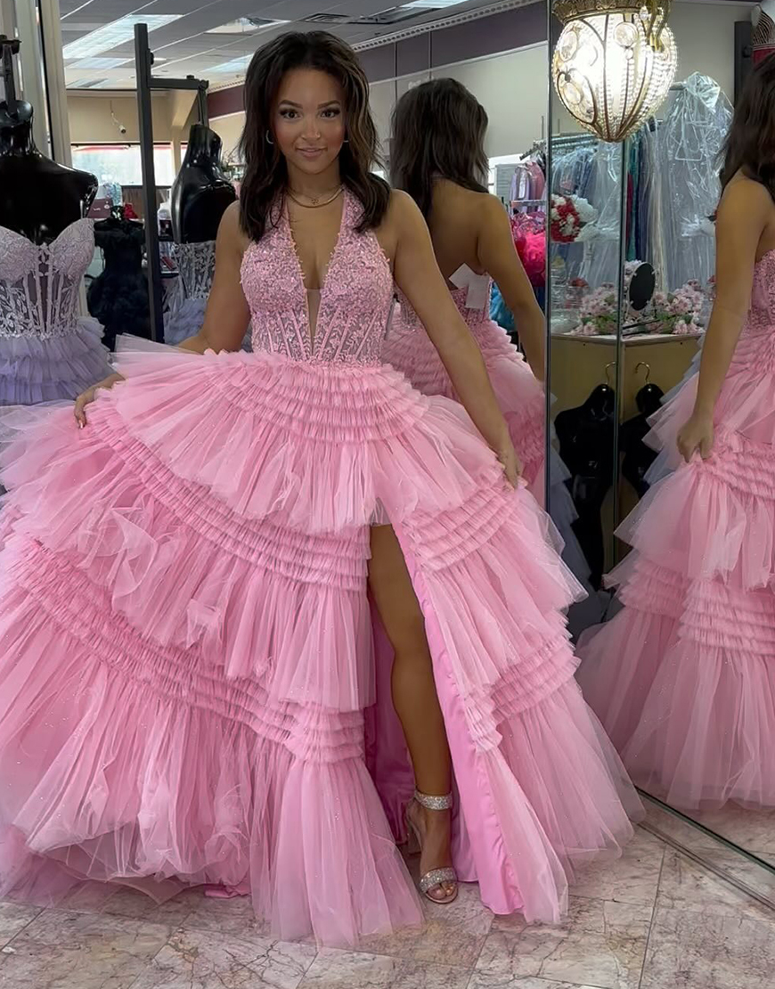 Sparkly Pink A-Line Halter Corset Appliques Tiered Tulle Long Prom Dress with Slit