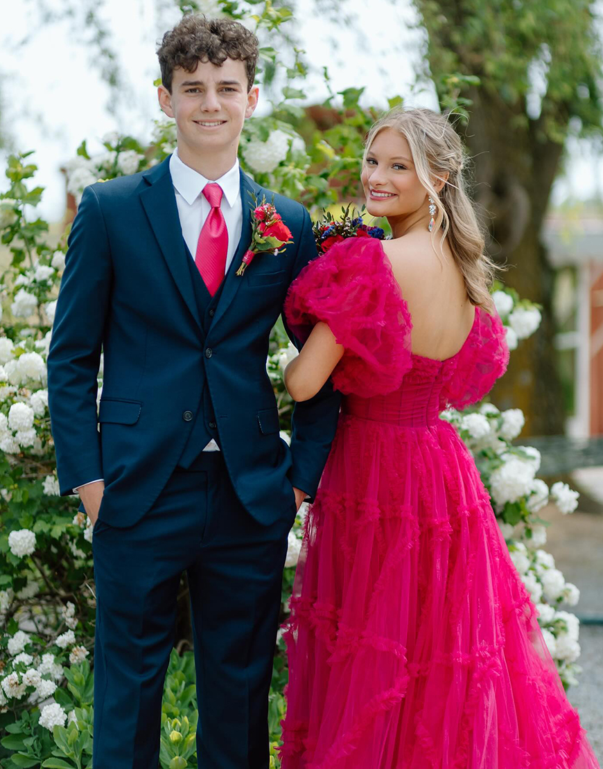 Fuchsia A-Line Ruffle Puff Sleeves Corset Tulle Long Prom Dress