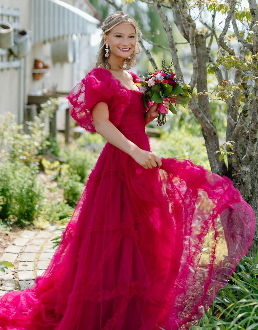 Fuchsia A-Line Ruffle Puff Sleeves Corset Tulle Long Prom Dress