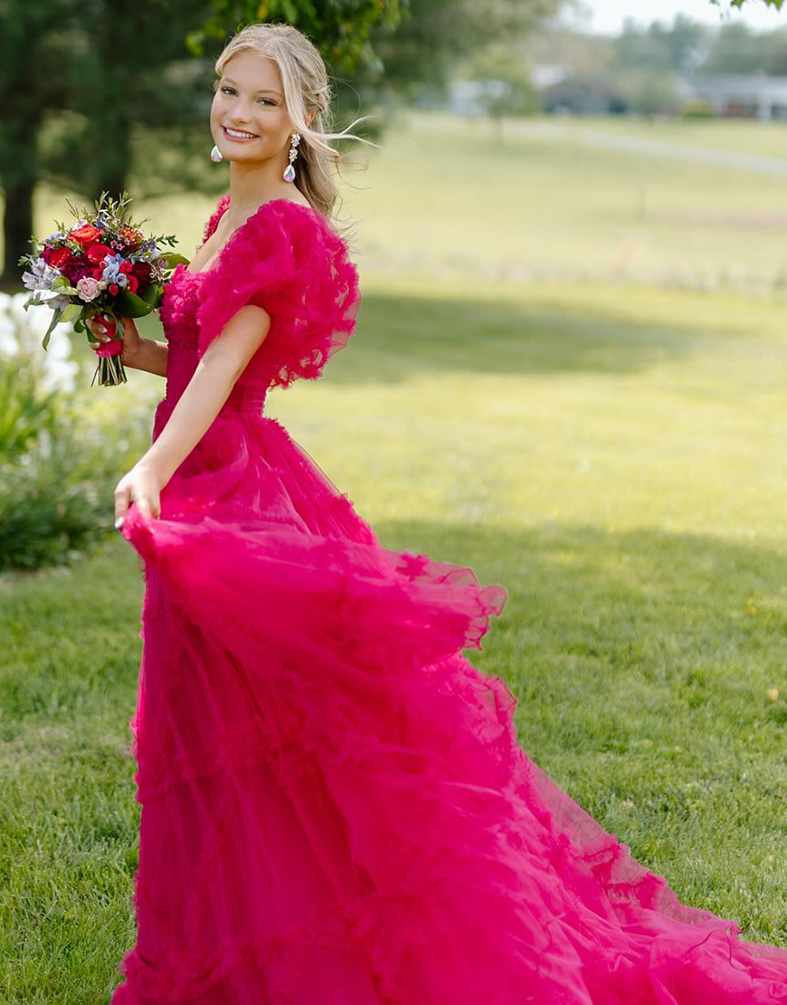Fuchsia A-Line Ruffle Puff Sleeves Corset Tulle Long Prom Dress