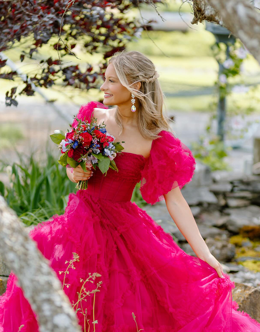 Fuchsia A-Line Ruffle Puff Sleeves Corset Tulle Long Prom Dress