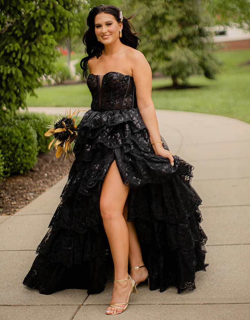 Sparkly Black A-Line Strapless Corset Sequined Tiered Long Prom Dress with Slit