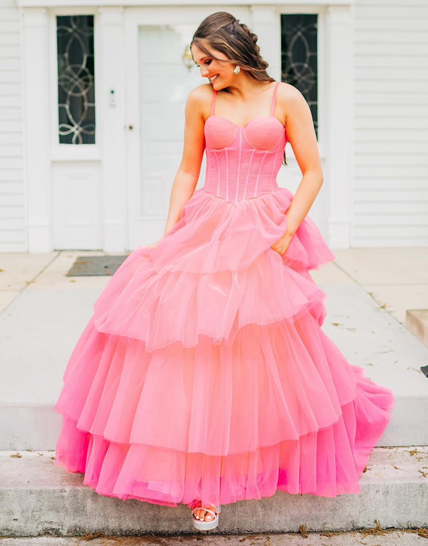 Pink A-Line Spaghetti Straps Corset Tiered Tulle Long Prom Dress