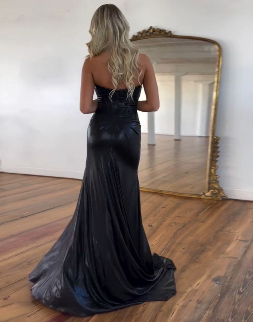 Metallic Dark Blue Mermaid Strapless Ruched Corset Satin Long Prom Dress with Slit