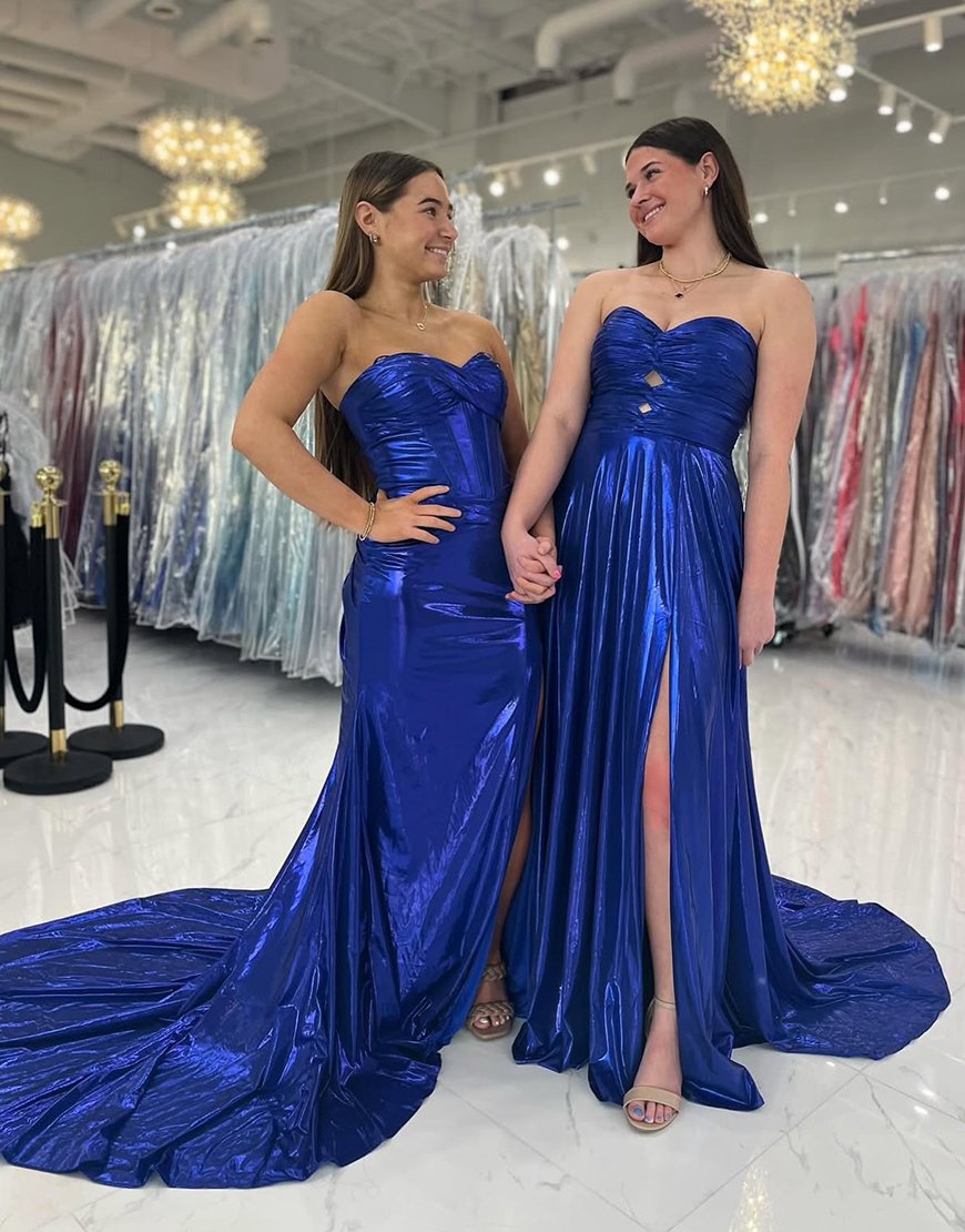 Metallic Rose Gold Mermaid Strapless Ruched Corset Satin Long Prom Dress with Slit
