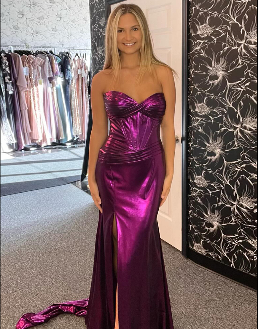 Metallic Dark Blue Mermaid Strapless Ruched Corset Satin Long Prom Dress with Slit