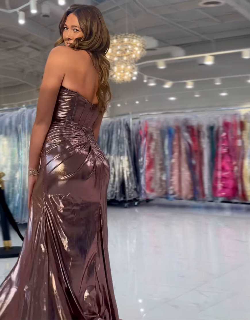 Metallic Rose Gold Mermaid Strapless Ruched Corset Satin Long Prom Dress with Slit