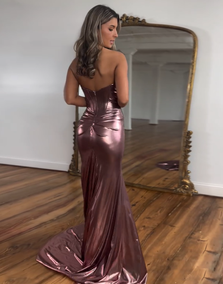 Metallic Dark Blue Mermaid Strapless Ruched Corset Satin Long Prom Dress with Slit