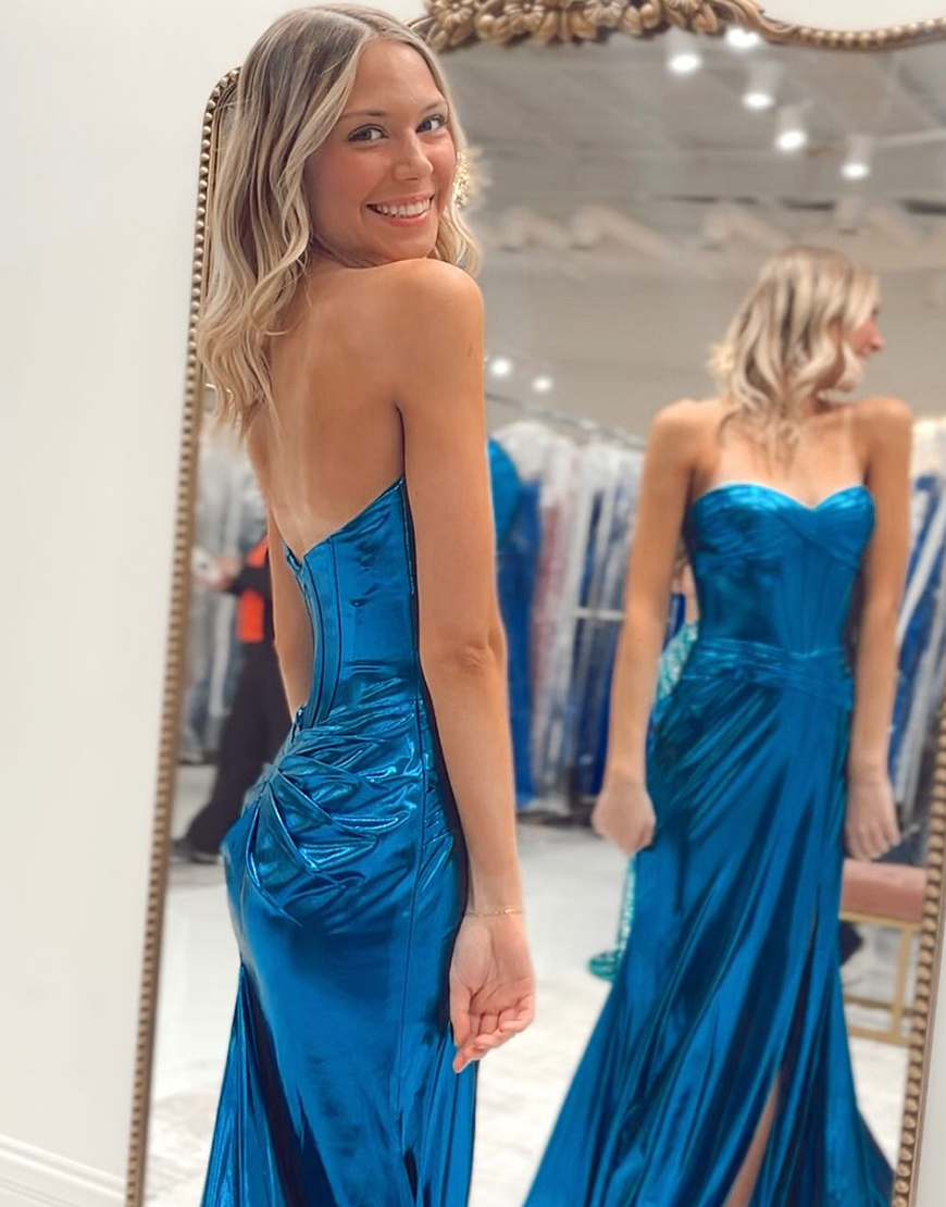 Metallic Dark Blue Mermaid Strapless Ruched Corset Satin Long Prom Dress with Slit