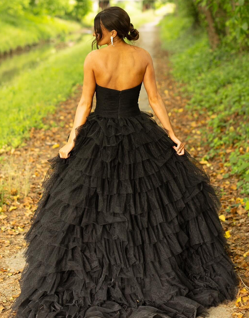 Black A-Line Strapless Tiered Tulle Long Prom Dress with Slit