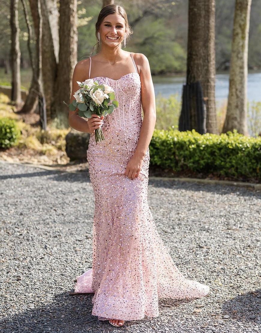 Sparkly Pink Mermaid Sequins Spaghetti Straps Corset Long Prom Dress