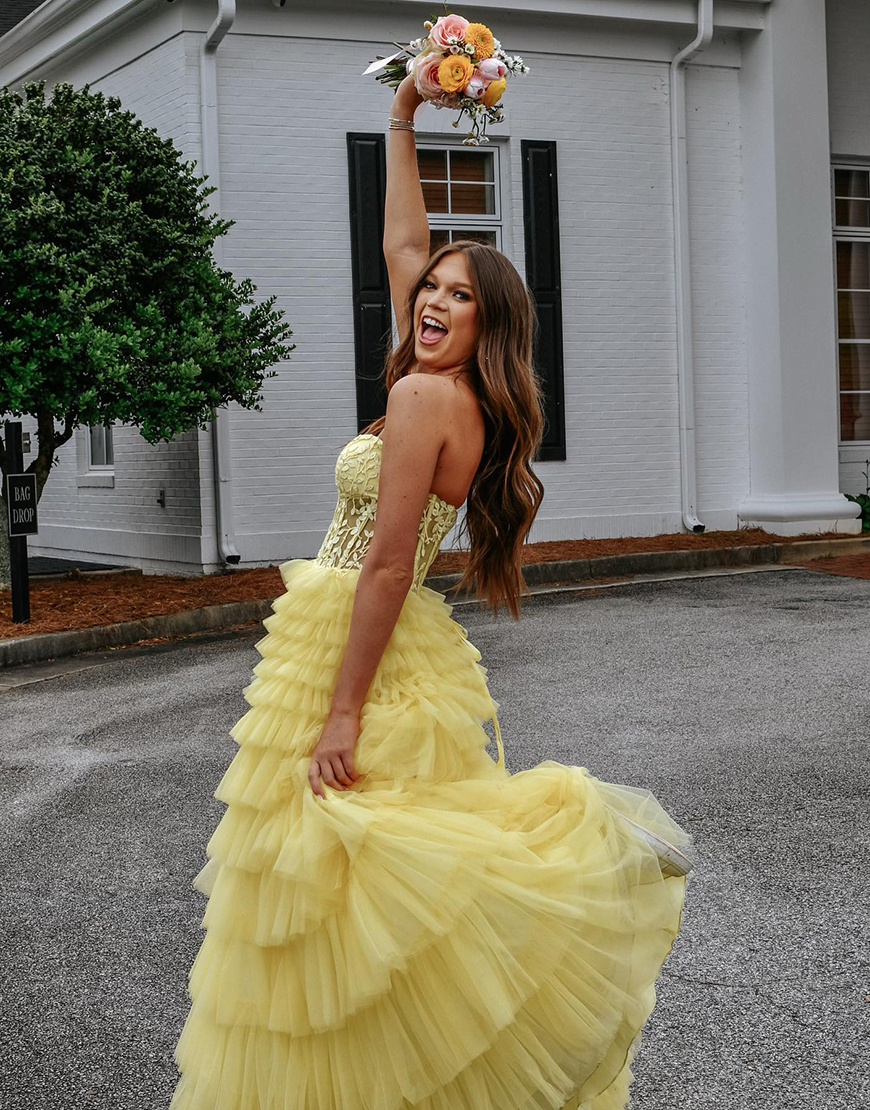 Yellow A-Line Strapless Corset Tiered Long Prom Dress with Appliques