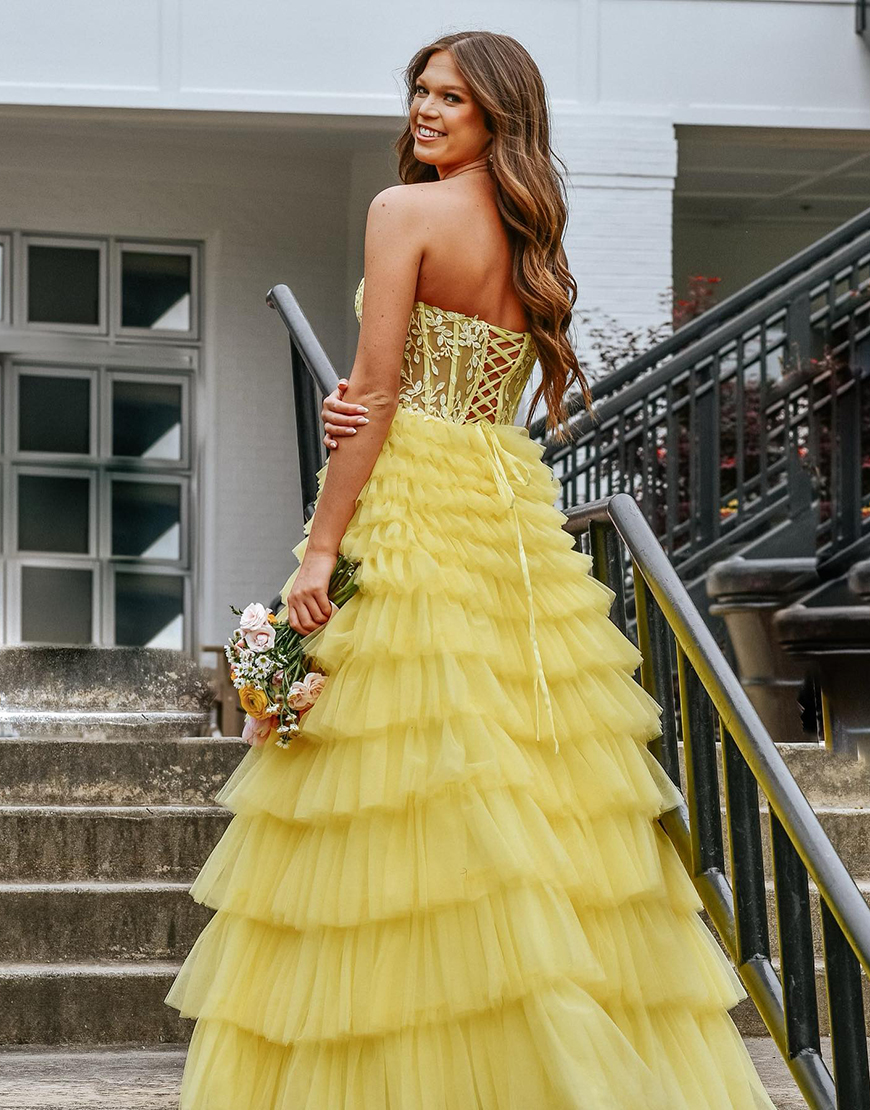 Yellow A-Line Strapless Corset Tiered Long Prom Dress with Appliques
