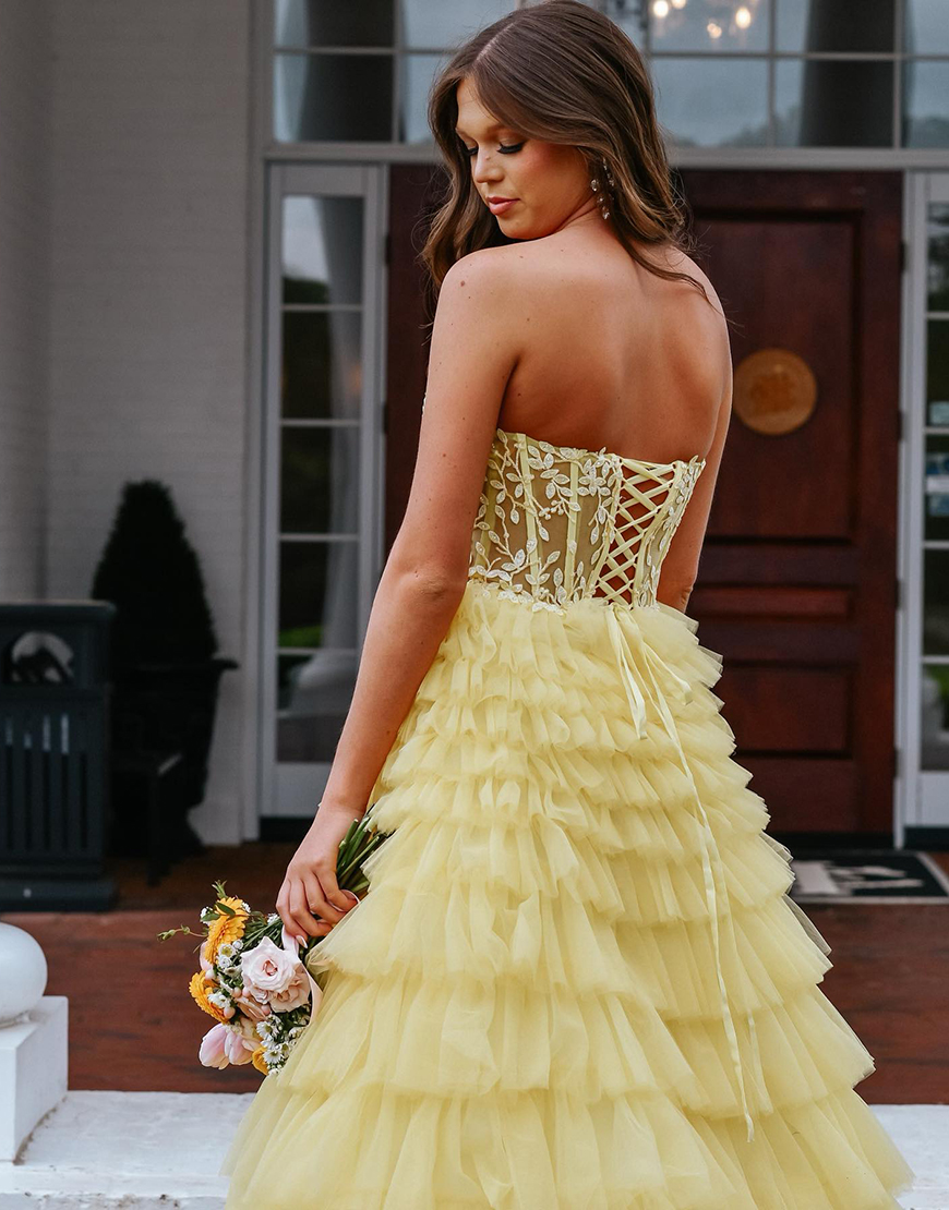 Yellow A-Line Strapless Corset Tiered Long Prom Dress with Appliques
